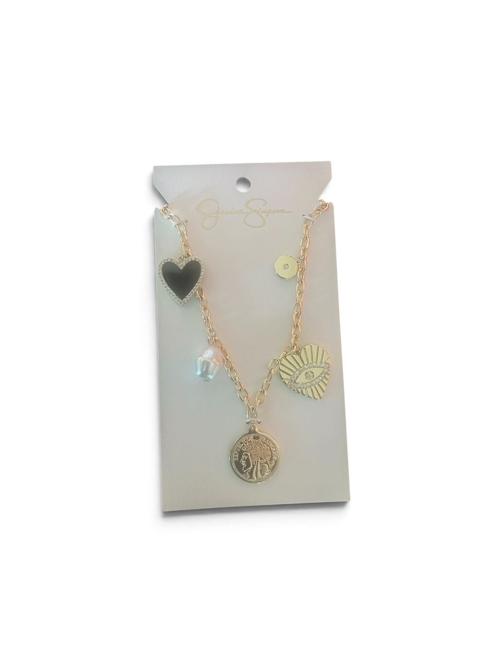 Jessica Simpson Gold and Black Charm Necklace with Coin & Eye